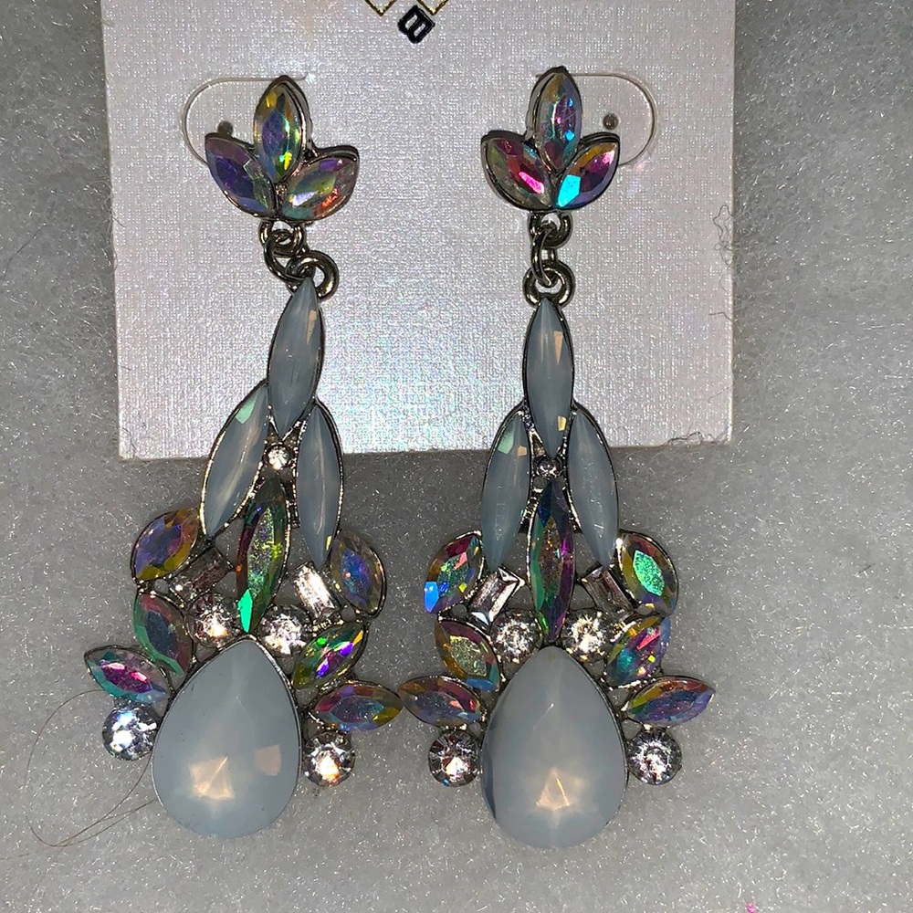 White opal/AB silver drop earrings